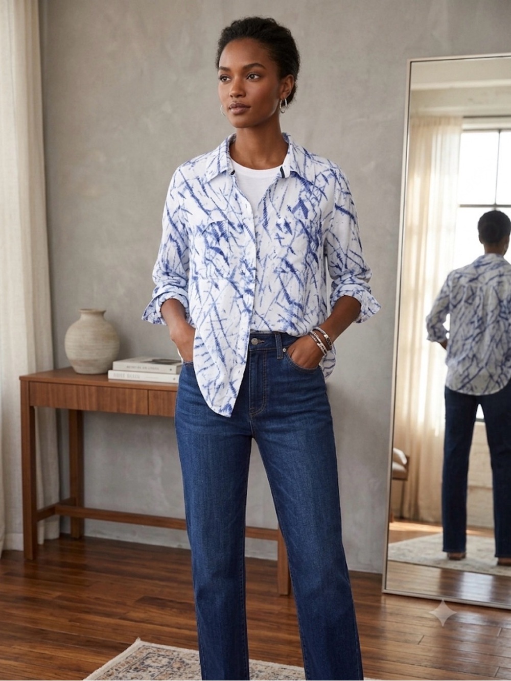 Foxcroft shibori tie-dye costal tencell fitted  button-up tunic 16W.